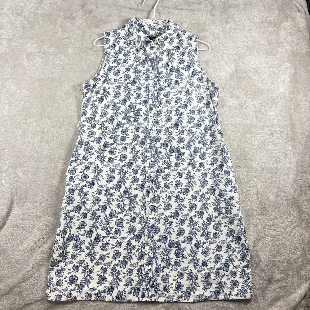 Navy Blue White Paisley Linen Cotton Tie Waist Dress Women's 8 Beachy Coastal